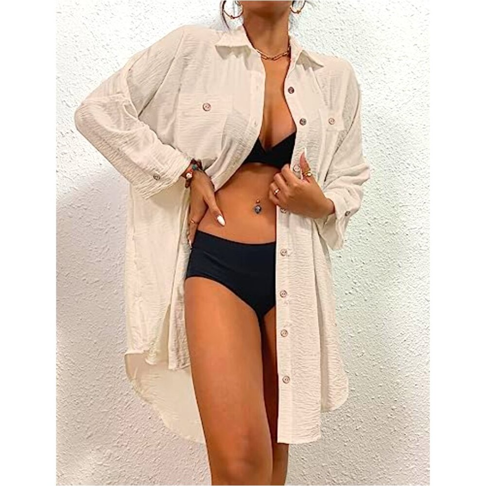 Beach Cover Up Blouse Button-down Shirt Apricot Beige Flowy Resort - Picture 3 of 5